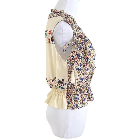 NWOT DEREK LAM 10 CROSBY 100% SILK FLORAL SLEEVELESS SMOCKED TASSEL BLOUSE - XS - Picture 1 of 10